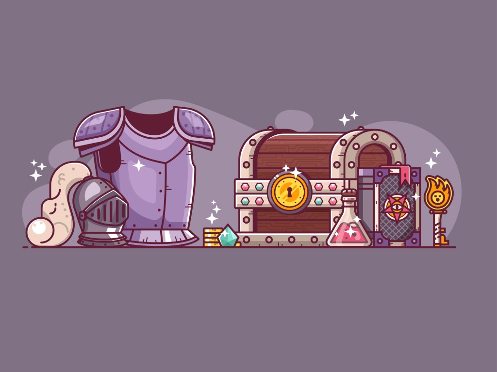 Fantasy RPG game loot and battle equipment for warrior hero. Dungeon crawler heroic adventure knight staff concept with armor, helmet, gem, spell book, magic potion, treasure chest with key and gold. loot boxes