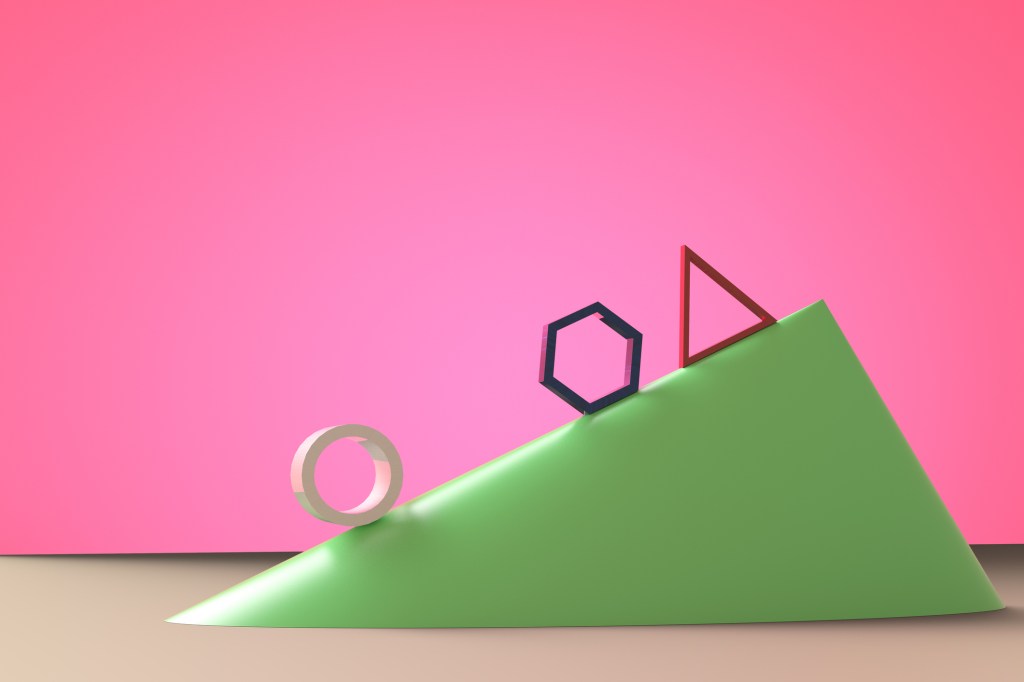 circular piece of plastic rolling ahead of pentagonal and triangular pieces on a slope; venture capital funding inequality