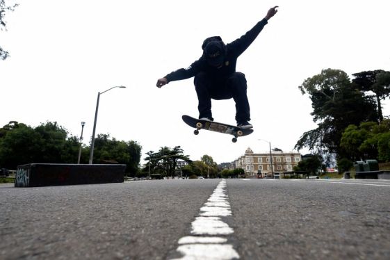 Zion Ricks-Gaines, who is totally blind, gets air while executing an ollie at a skateboard park in San Francisco, California on May 6, 2022. - Getting shot in both eyes and left completely blind didn't stop Zion Ricks-Gaines from skateboarding. It made him want to do it even more. (Photo by JOSH EDELSON / AFP) (Photo by JOSH EDELSON/AFP via Getty Images)