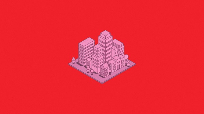 An image of a city colored pink is sat against a red background
