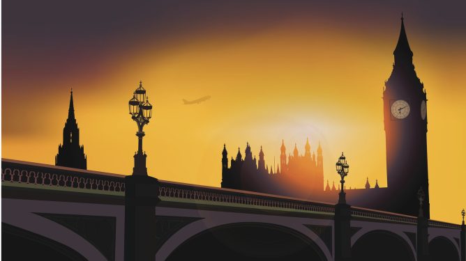 London skyline with Big Ben at sunset