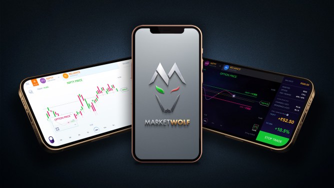 Shots of stock-trading app MarketWolf on an iPhone