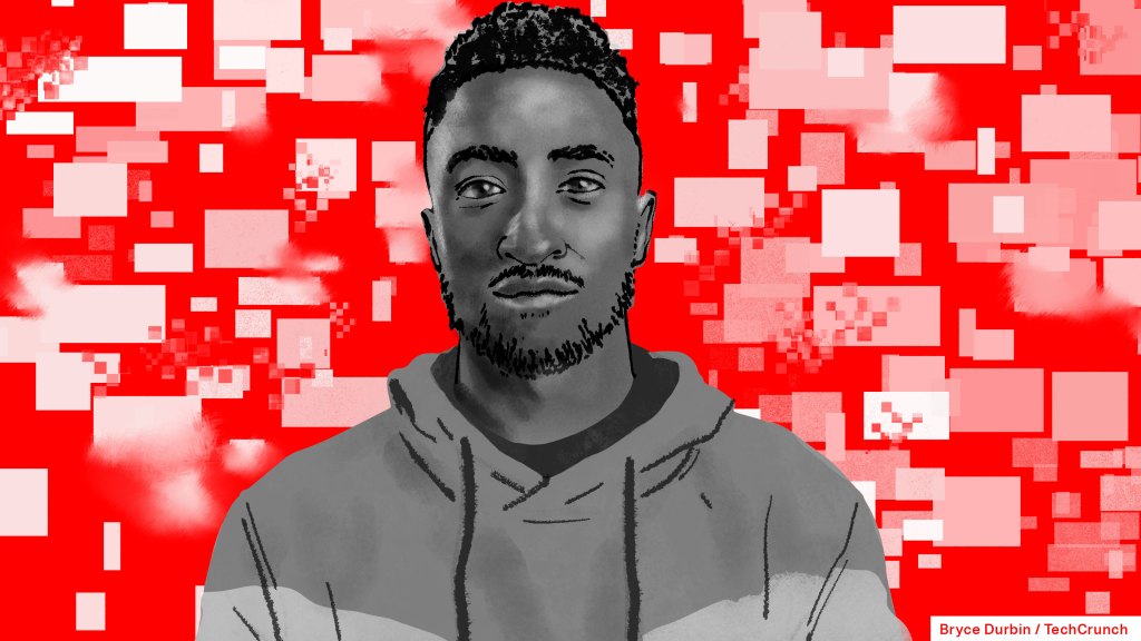 an illustration of marques brownlee atop a red pixely background