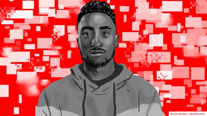 an illustration of marques brownlee atop a red pixely background
