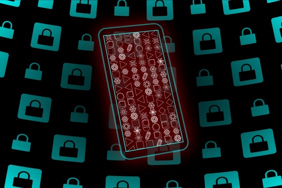 Cryptographic text on a phone display surrounded by illustrations of padlocks