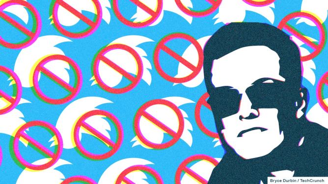 illustration of Elon Musk; background is a pattern of the twitter logo and the "general prohibition" sign