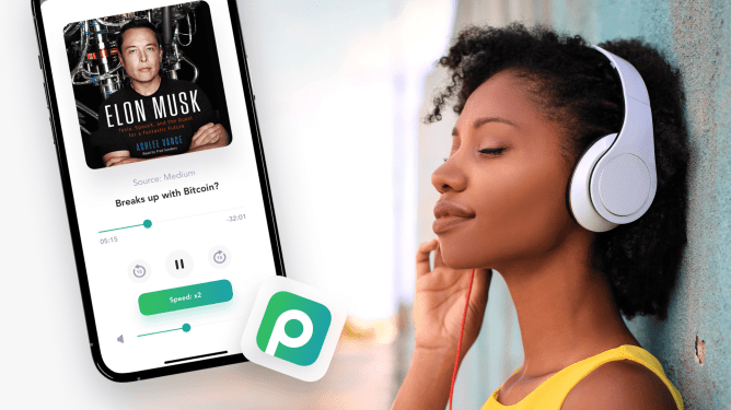 An image of a Black woman listening to an article on Peech