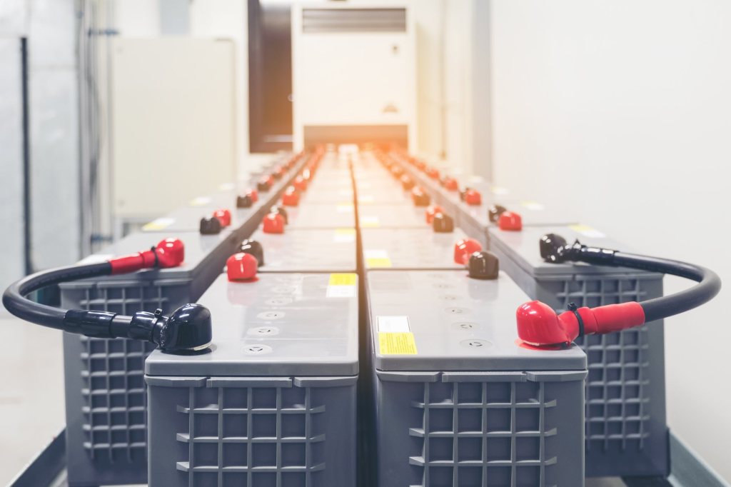 rows of lead-acid batteries for backup power