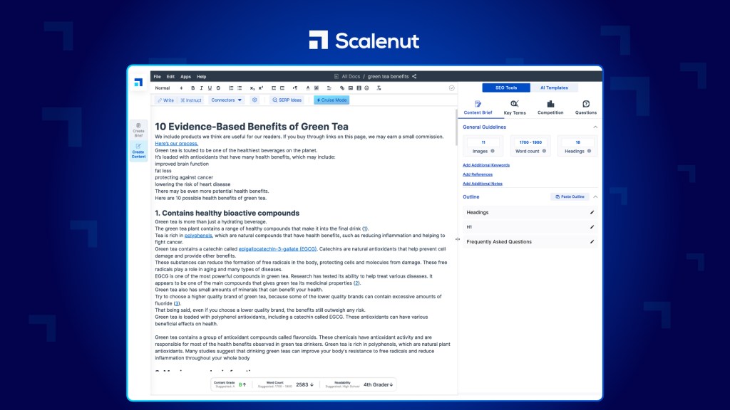 A screenshot of AI copywriter Scalenut's Editor Mode