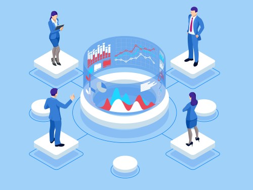 Drawing of four business people watching a carousel of data spin around in front of them.