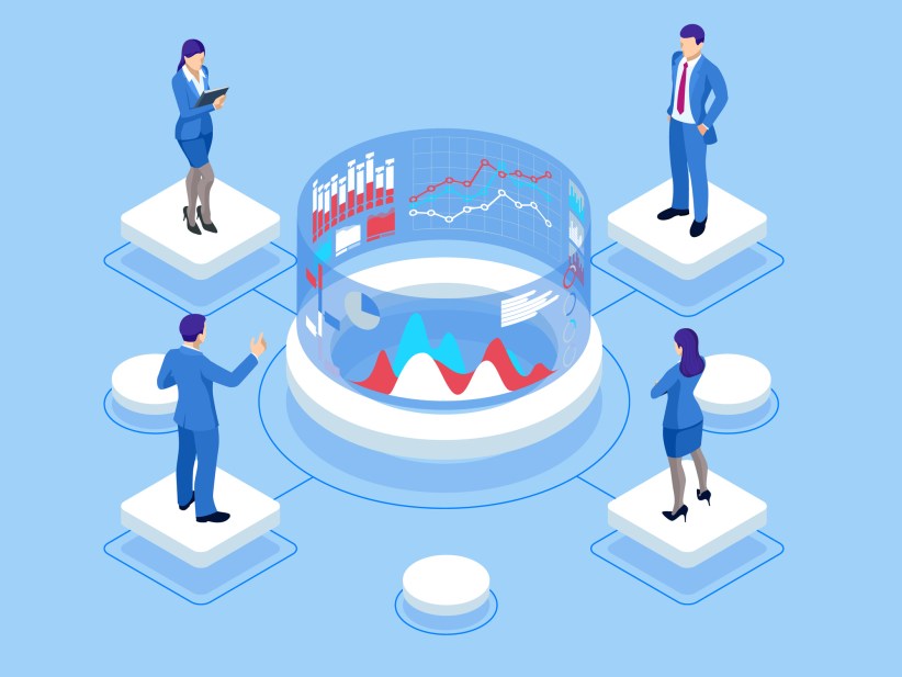 Drawing of four business people watching a carousel of data spin around in front of them.