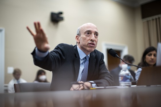 An image of U.S. Securities and Exchange Commission chair Gary Gensler speaking during a House Appropriations Subcommittee in May 2022