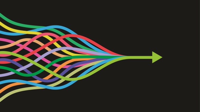 Colorful lines intertwined to form an arrow