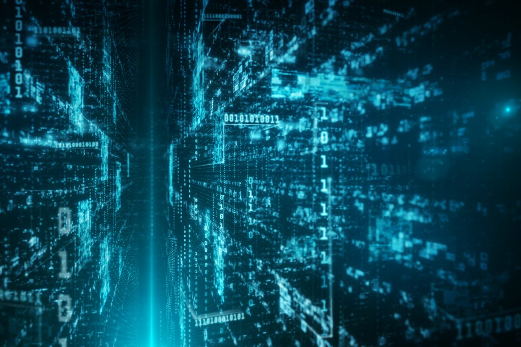 Rows of data glowing blue on two sides, looking like a data warehouse with a corridor down the center.