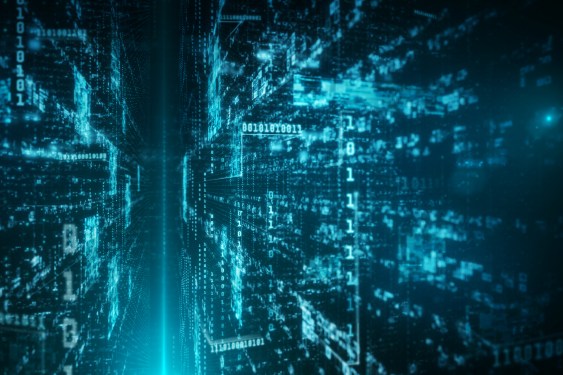 Rows of data glowing blue on two sides, looking like a data warehouse with a corridor down the center.