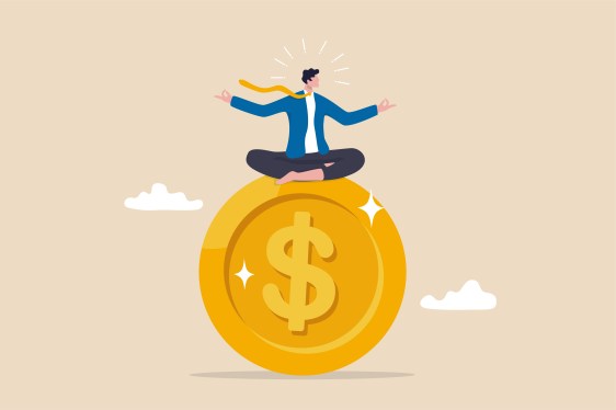 man sitting cross-legged on large gold coin, illustration