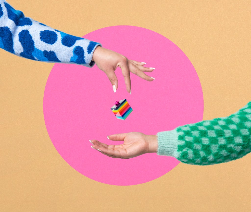 Woman dropping gift into outstretched hand; employee benefits startup