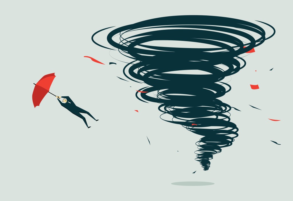 Tornado illustration; person with umbrella blown away