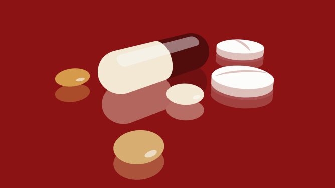 Concept illustration depicting pills, tablets, and capsules.