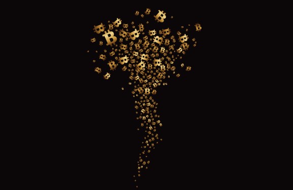 A illustration of bitcoin and cryptocurrency flying around in a tornado.