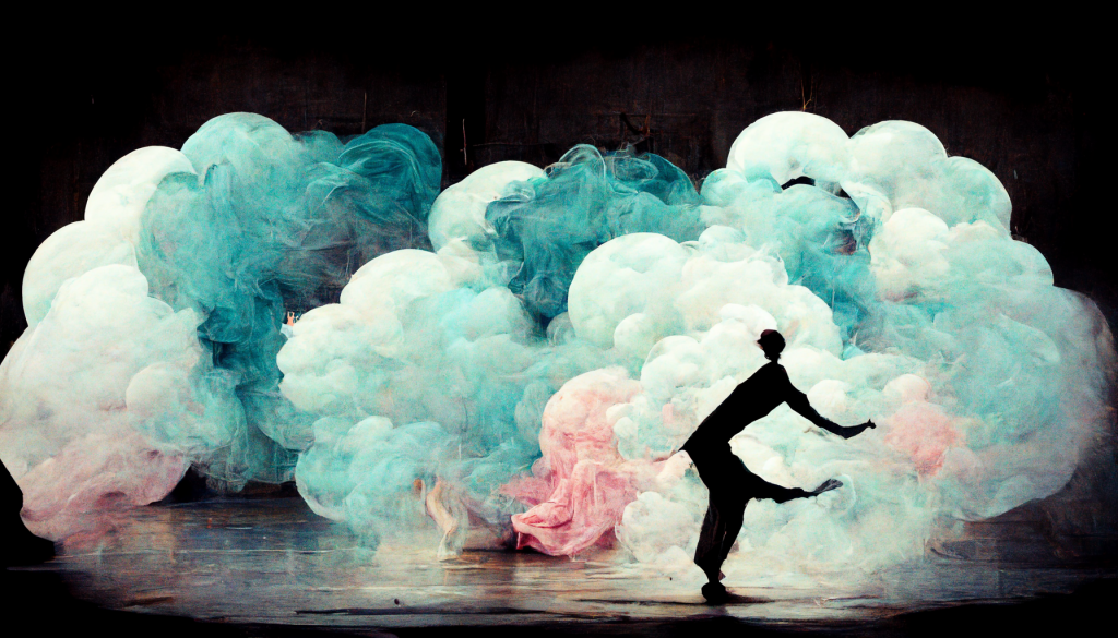 AI generated image: A Man Dances as if Prozac was a Cloud of Laughter.
