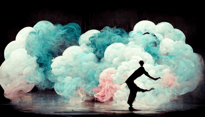 AI generated image: A Man Dances as if Prozac was a Cloud of Laughter.