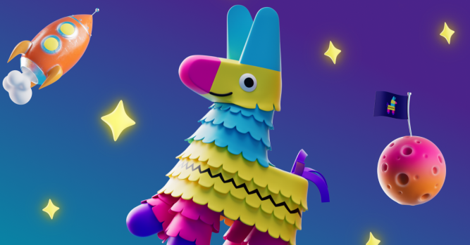 An image of a pinata, rocketship and planet in orbit