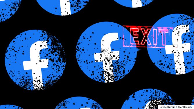 Facebook logos overlayed with an exit sign