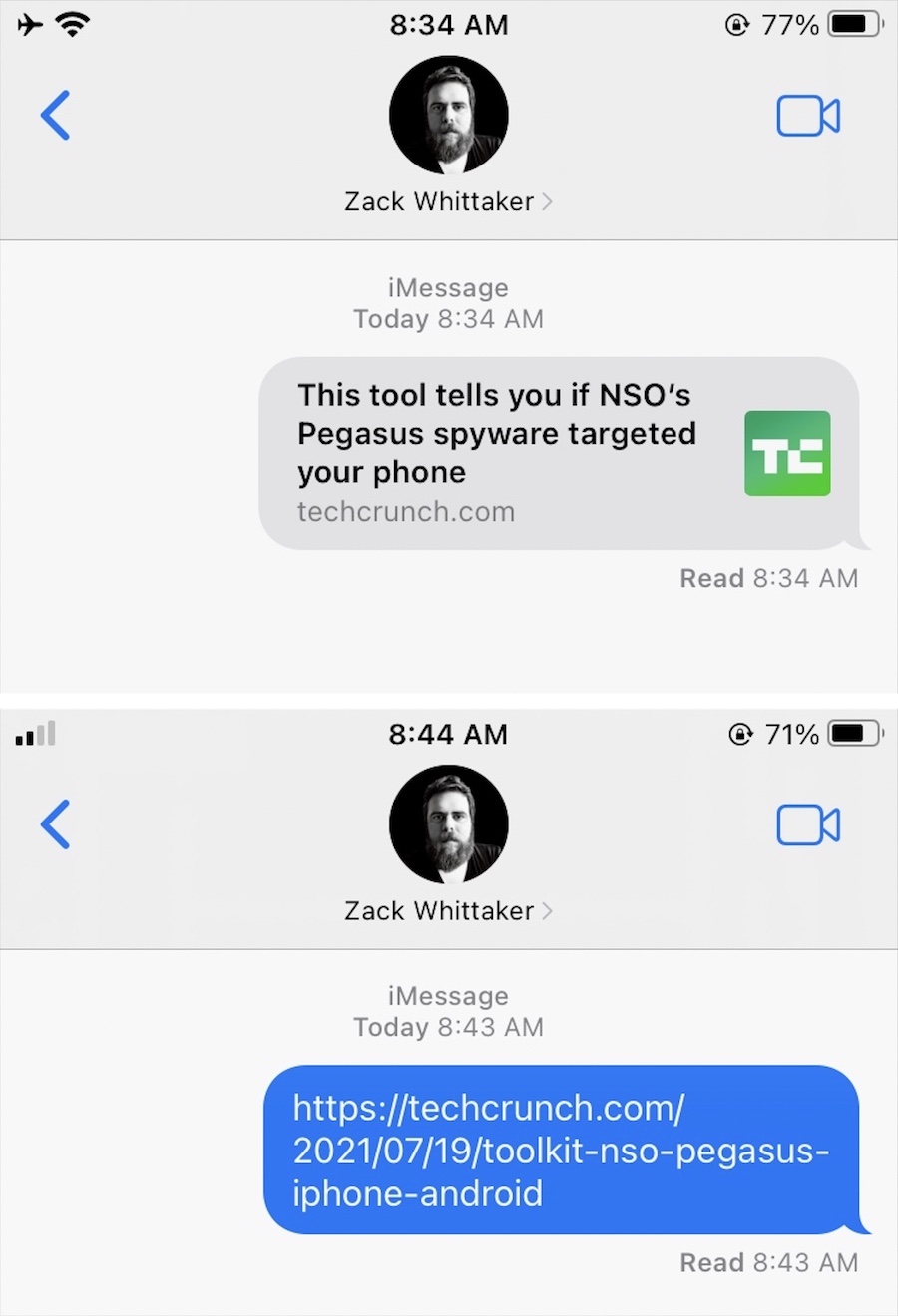 A screenshot showing a link preview in Messages, and a static URL in its place in Lockdown Mode.