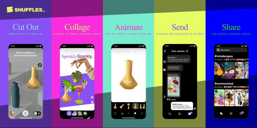 Pinterest's new app, Shuffles, examples displayed on smaretphones