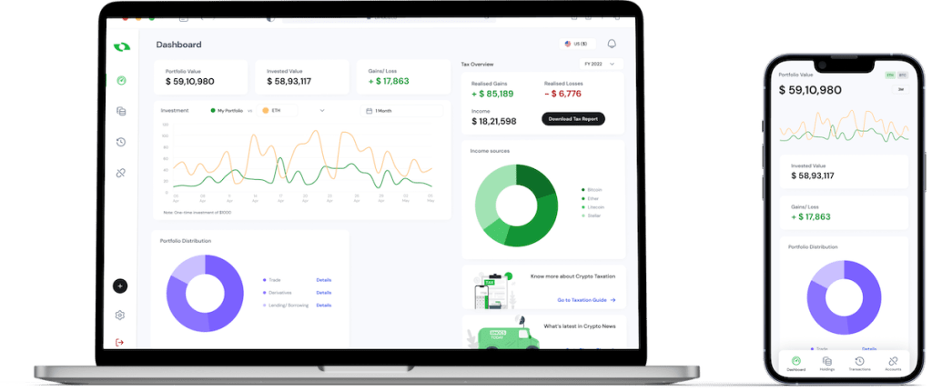 Crypto tax reporting app Bincocs on an iPhone and Macbook