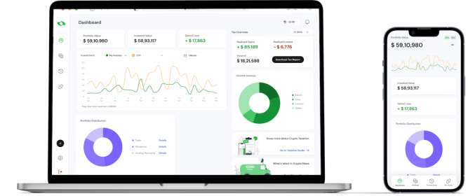 Crypto tax reporting app Bincocs on an iPhone and Macbook