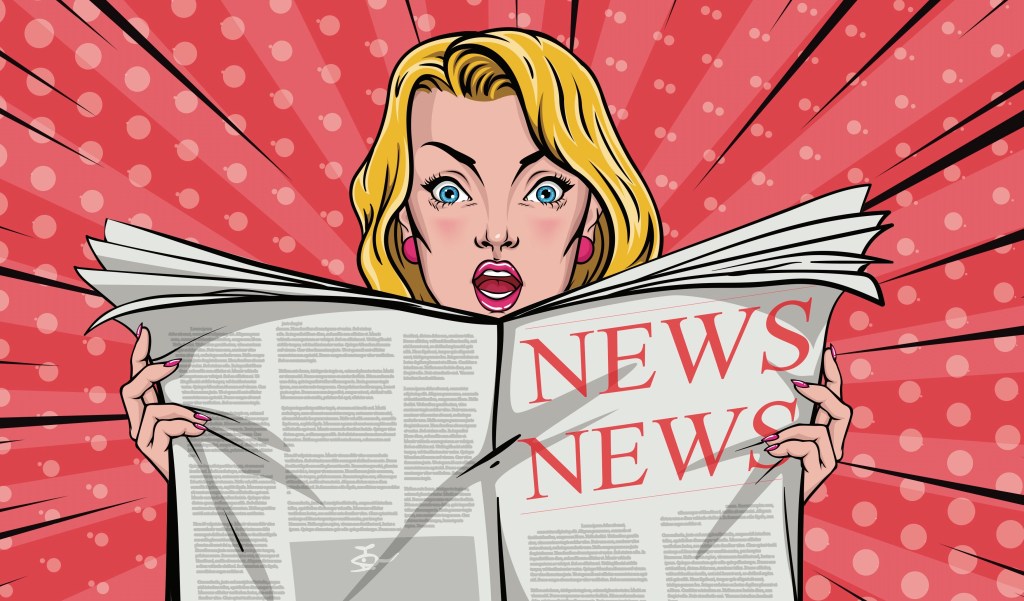 Comic looking illustration of women reading a newspaper.