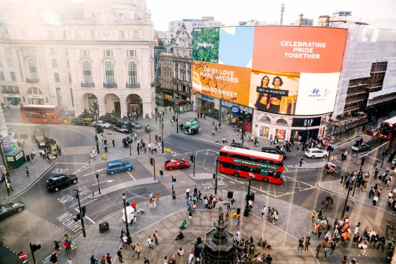 Aerial view of Piccadilly Circus in London, England, UK