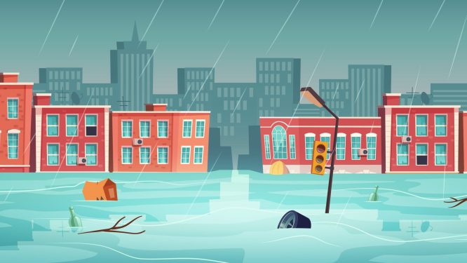 illustration depicting flooded town