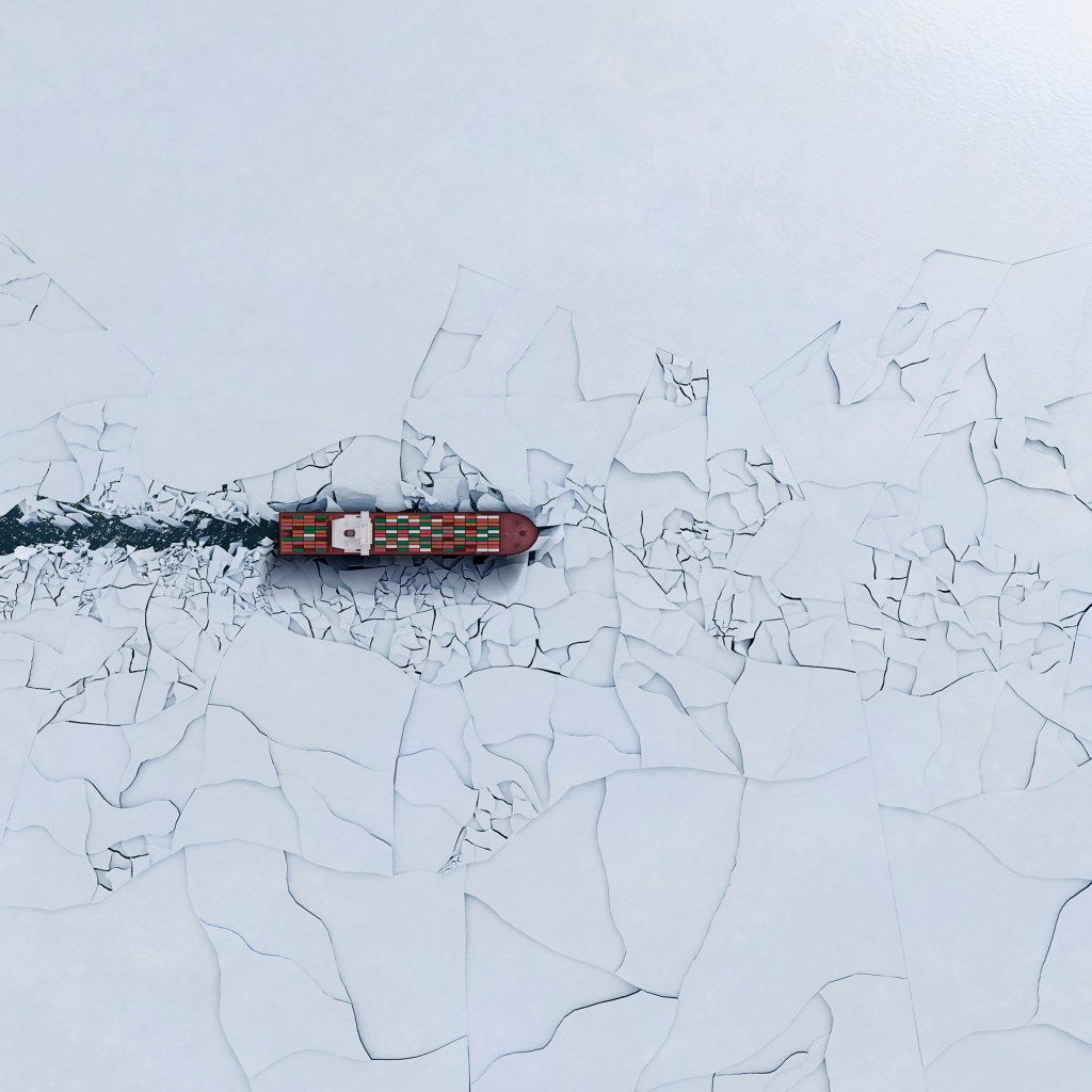 Container ship breaking ice; supply chain risk
