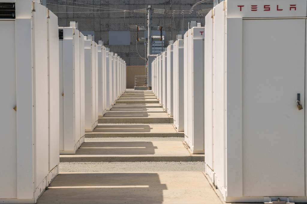 Tesla Megapack batteries during a tour of the Elkhorn Battery Energy Storage System in Moss Landing, California