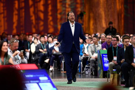 Marc Benioff, co-chief executive officer of Salesforce.com Inc., speaks during a keynote at the 2022 Dreamforce conference in San Francisco, California, US, on Tuesday, Sept. 20, 2022. Tens of thousands of techies will frolic through kitschy national park-themed decorations in San Francisco's downtown this week as Salesforce Inc.'s annual Dreamforce conference returns in full after two pandemic years. Photographer: Marlena Sloss/Bloomberg via Getty Images