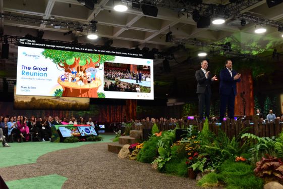 Salesforce co-CEOs Marc Benioff and Bret Taylor on stage at Dreamforce 2022.