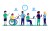 Employee people with disabilities and inclusion work together in office. Disabled different people on wheelchair and with prothesis sit and communicate using laptop. Handicap persons work. Vector