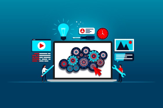 Ilustration showing various components coming together via content management system.