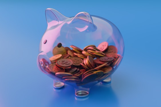 transparent piggy bank half full of coins