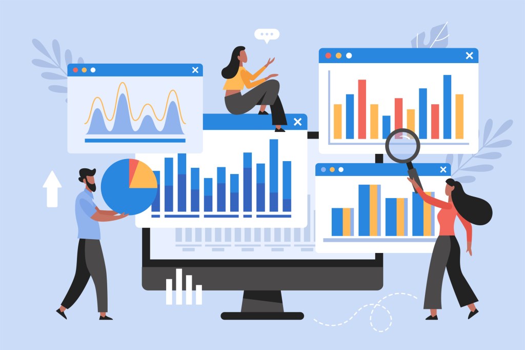 Data analytics research for business concept. Modern vector illustration of business team monitoring dashboard report