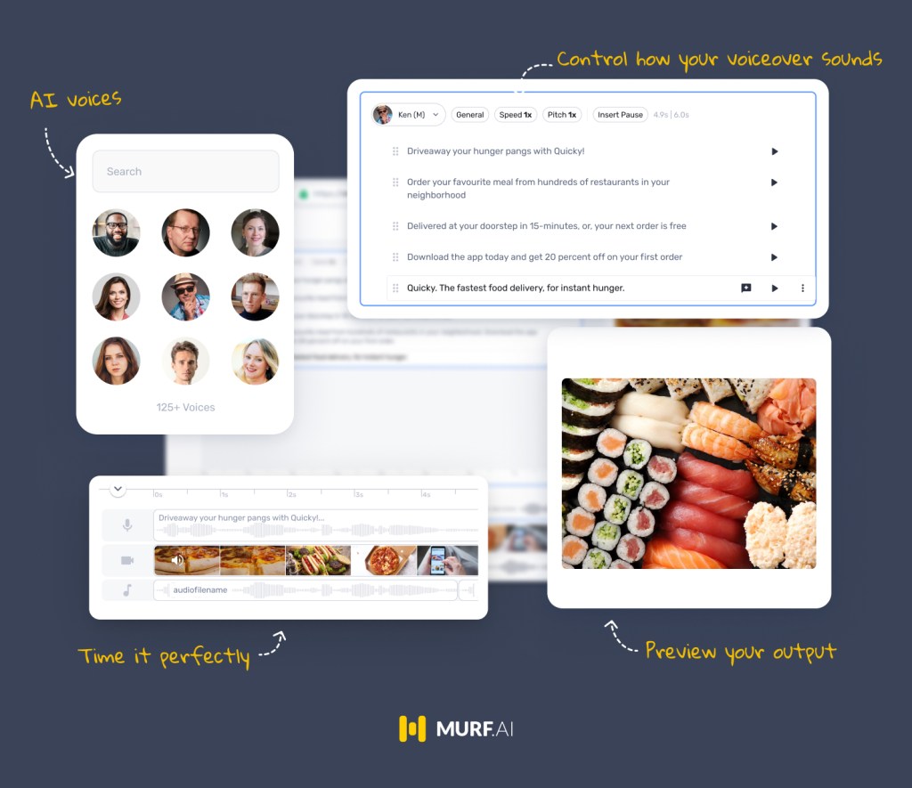 Murf Studio tools shown on laptop and mobile screens