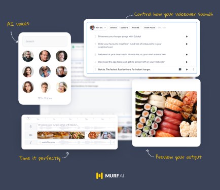 Murf Studio tools shown on laptop and mobile screens