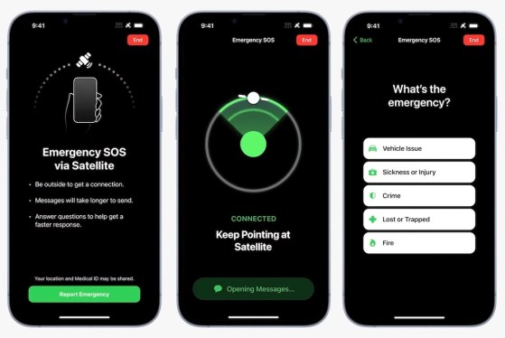 Apple SOS app on 3 smartphone screens