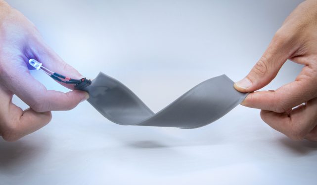 Anthro Energy’s flexible battery powers an LED.