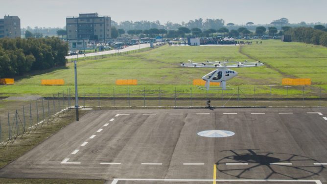 Volocopter hovering above tarmac