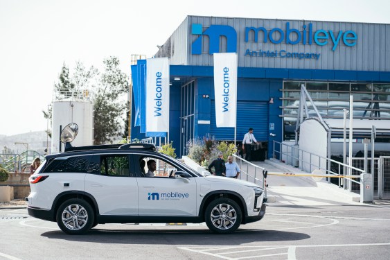 A Mobileye vehicle is parked outside Mobileye building..