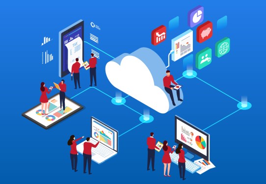 illustration of data moving through the cloud.